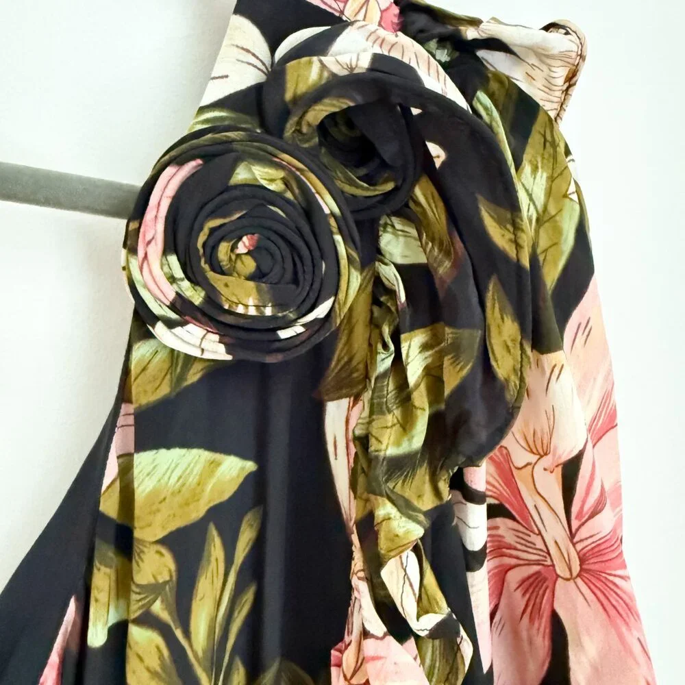 FARM RIO - Surreal Flowers One-Shoulder Crêpe de Chine Midi Dress - Black - XL - Picture 6 of 10